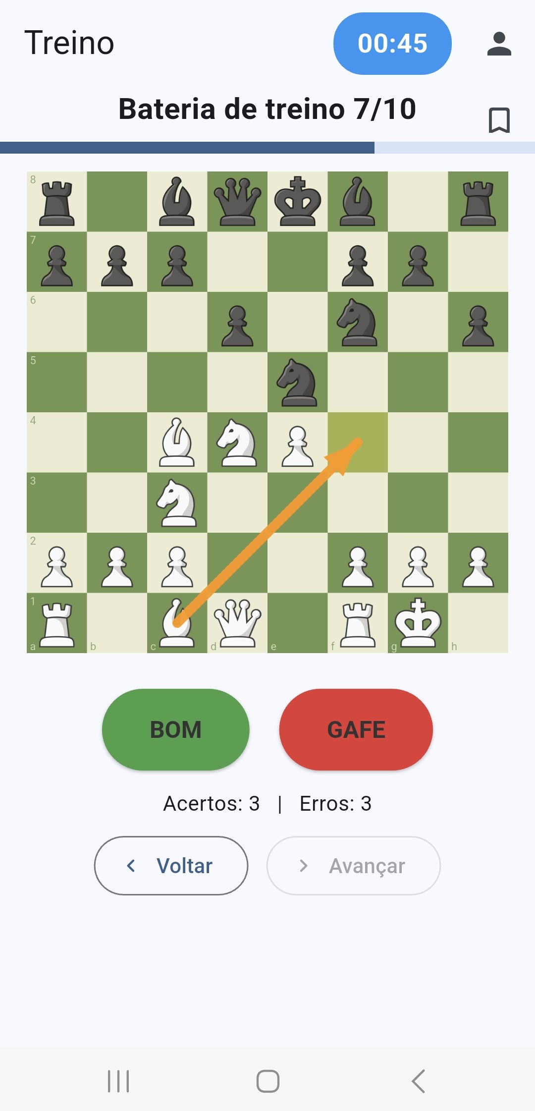 Tela do Blunder Gym com exercícios de xadrez